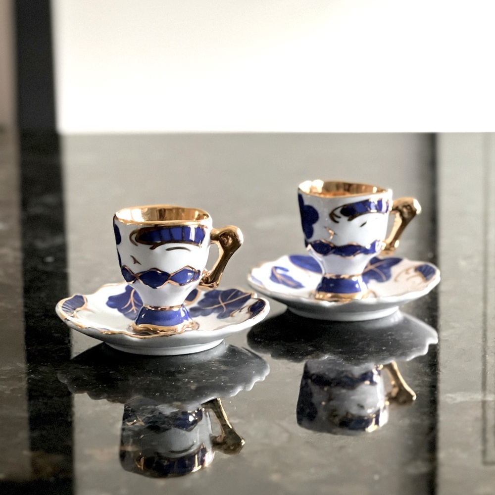 VINTAGE Miniature 2” Demitasse Cup and Saucer Duca Di Bavaria 🇮🇹 Blue and Gold